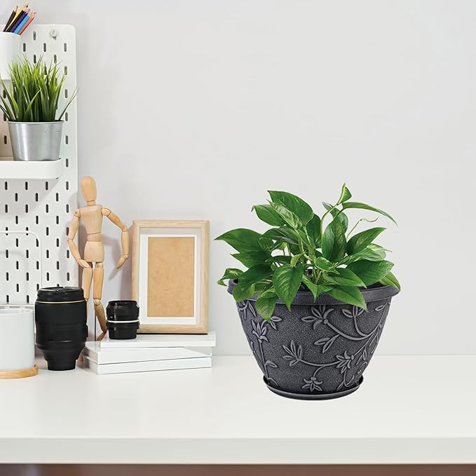 Nooulap 4 Pack 8 Inch Flower Pots for Outdoor Indoor, Plastic Plant Pots with Drainage Hole & Saucer, Lightweight Small Resin Flower Pot, Imitation Magnolia Pots for Garden House planters（Gray）