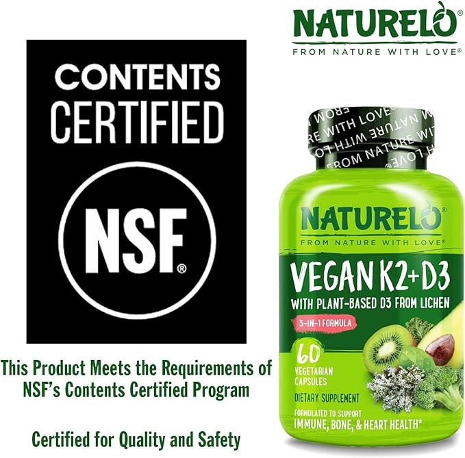 NATURELO Vitamin D3 K2 - Vegan K2+D3 with Plant Based D3 from Lichen - Natural D3 Supplement for Immune System, Bone Support, Heart Health - Whole Food - Non-GMO - Gluten Free, 60 Capsules (Pack of 2)