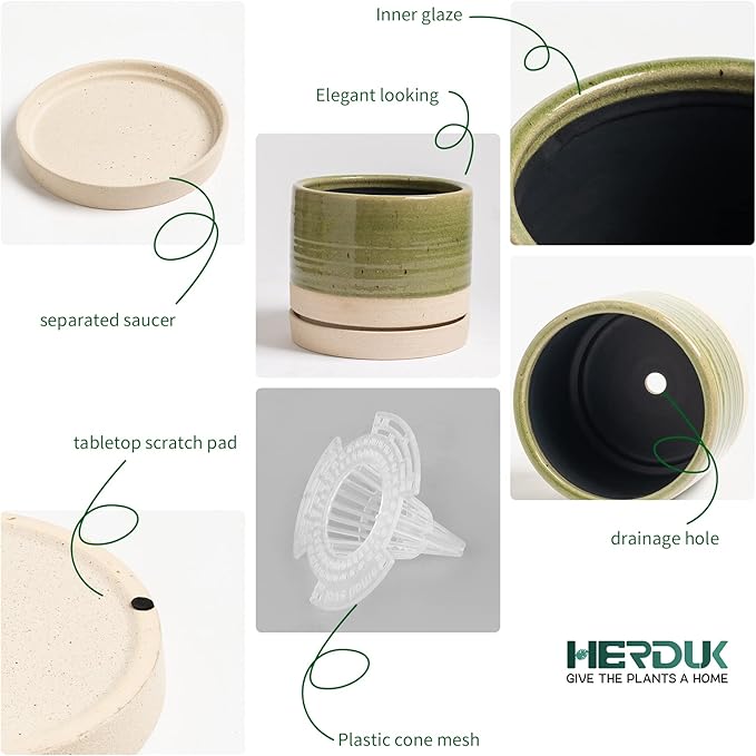 HERDUK 6 Inch Plant Pots, Ceramic Planter Pot with Drainage Hole & Saucer, Indoor/Outdoor Cylinder Round Planter Pot, Green & Beige
