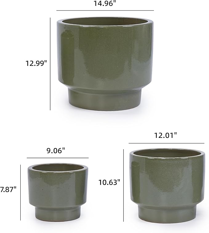 3-Piece Ceramic Flowerpot Set Modern Glossy Planters Elevated Base Drainage Hole Airflow Promoting Round Pots Succulents Flowers Patio Windowsill Frost Heat Weather Resistant (Antique Light Green)