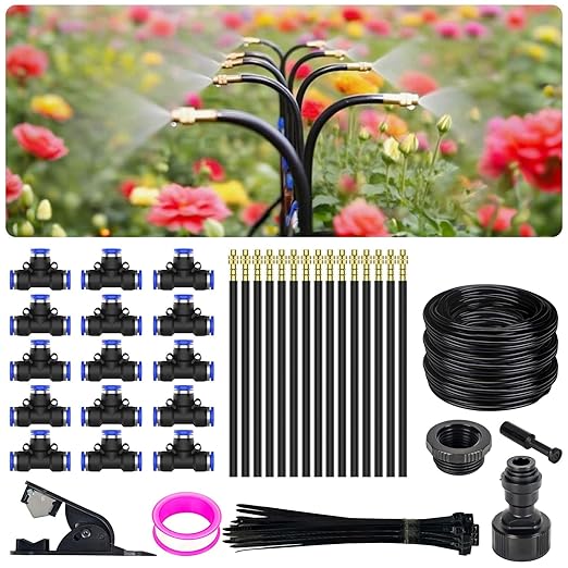 360° Adjustable Drip Irrigation System - Garden Watering System 50FT with 15 Nozzles, Drip Irrigation Kit for Garden, Yard, Lawn, Greenhouse, Plants, 5/16 inch Hose