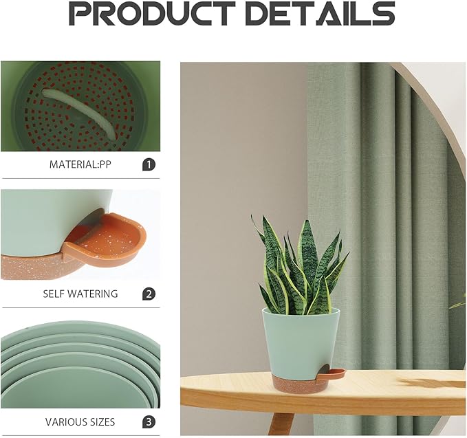 GANAZONO 5pcs Self Watering Planter Pots Set for Indoor Balcony Garden, Plastic Flower Containers with Detachable Clips, Automatic Watering Succulent Planters in Green