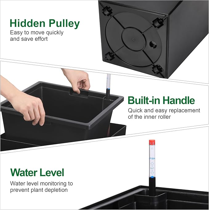 GarveeLife Tall Planters Set of 2 with Water Level Monitor & Drainage Holes Black 30"