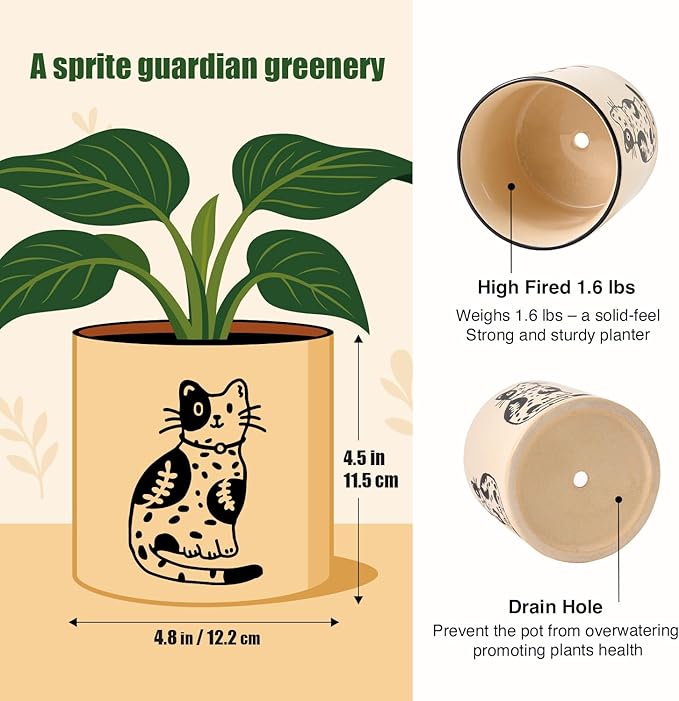 STHIE 5 Inch Ceramic Plant Pots with Drainage Holes, Small Round Flower Pots for Indoor Plant, Unique Animal Flower Planters (Cat)