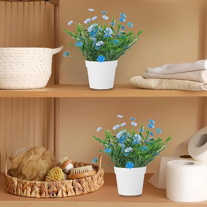 Fake Plants Daisy for Bathroom Decor, Small Potted Artificial Plants Indoor for Shelf Desk Home Bathroom Farmhouse Room Coffee Table Decor, Blue