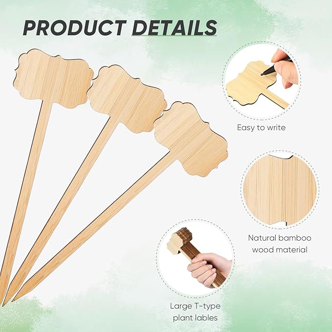 Jingmore 100 Pcs Bamboo Garden Markers Plant Labels 8 Inch Extra Long Plant Tags for Seedlings with Pen T-Type Tags Waterproof Nursery Garden Signs for Outdoor Flower Herb Potted