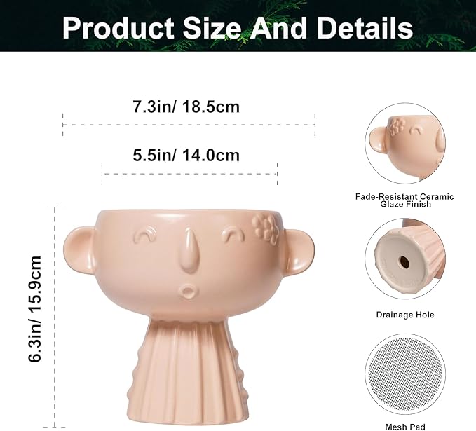 Face Flower Pots - 7 Inch Ceramic Pots for Plants Indoor Outdoor, Decorative Head Planter, Small Cute Succulent Planters with Drainage Hole, Room House Decor, Gifts for Plant Lover, Matte Pink