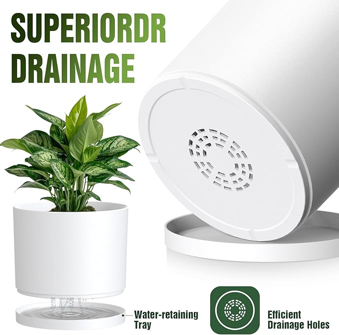 10/9/8 Inch Large Plant Pots with Drainage Holes and Trays, 3 Pack Modern Minimalist Cylinder Planters for Monstera, Snake Plant, Indoor Outdoor (Matte White)