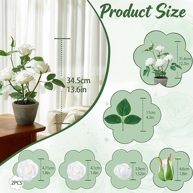 Rose in Pot Decor Potted Artificial Flowers Mini Plants Faux Flowers Indoor Small Decor Fake Roses for Home, Bathroom, Kitchen, Offices, Wedding Party Centerpieces (Rose White)