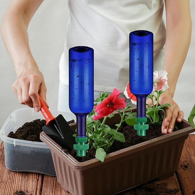 SiliFine 8 Set Plant Watering Devices Include Self Watering Spikes and 26 oz Plastic Bottles Plant Waterer Devices with Adjustable Control Valve Switch Indoor Outdoor (Blue)