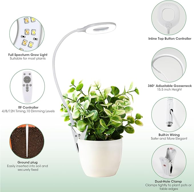 Grow Lights for Indoor Plants, Clip Plant Lights for Indoor Growing with Auto On/Off Timing 4/8/12 Hrs,10 Dimmable Levels,3 Spectrum Modes, Adjustable Gooseneck, Remote Control,2 Packs