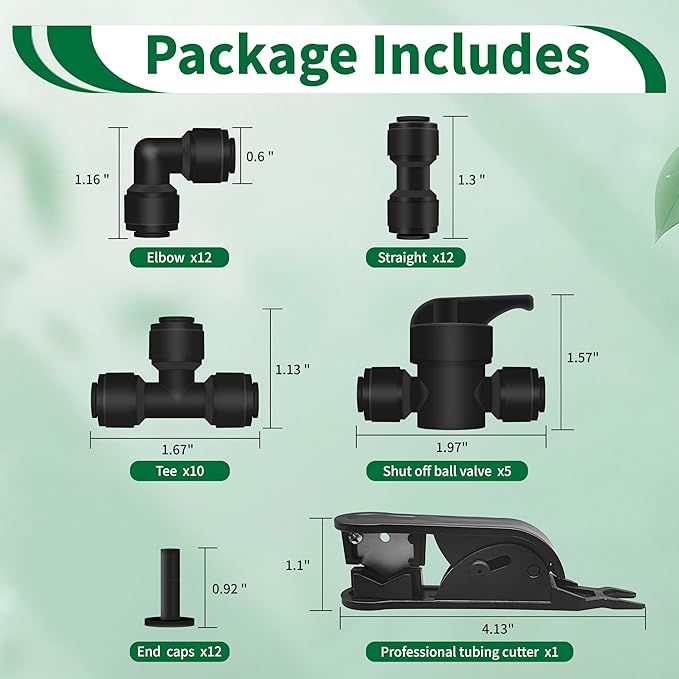 52Pcs 1/4" Drip Irrigation Quick Connect Fittings Kit (12 Couplings, 10 Tees, 12 Elbows, 5 Shut Off Valves, 12 Plugs & Tubing Cutter), Drip Line Connectors for 1/4" Tubing