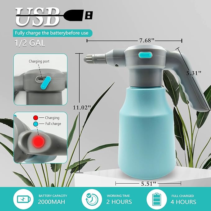 Electric Plant Spray Bottle, 0.5 Gallon Battery Powered Garden Sprayer with Adjustable Nozzle and Extended Wand, Portable USB Rechargeable Water Sprayer in Lawn and Garden for Gardening, Cleaning
