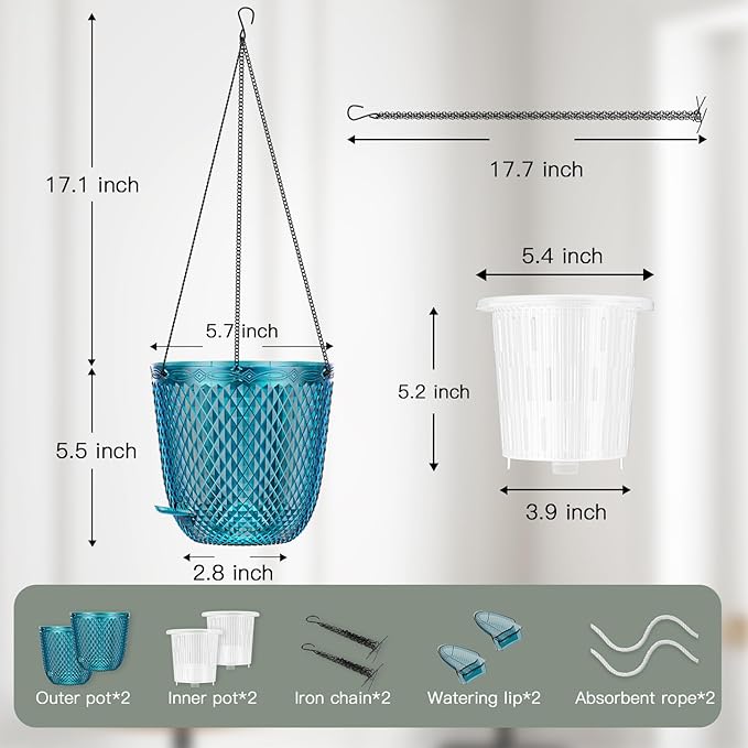 QCQHDU Self Watering Hanging Pots, 2 Pack 5.7 Inch Hanging Planters for Plants Indoor, Flower Pots with Drainage Holes and 3 Hooks Chains for Garden Home (Klein Blue)