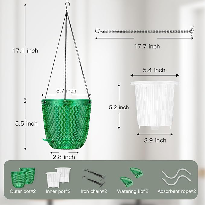 QCQHDU Self Watering Hanging Pots, 2 Pack 5.7 Inch Hanging Planters for Plants Indoor, Flower Pots with Drainage Holes and 3 Hooks Chains for Garden Home (Emerald)