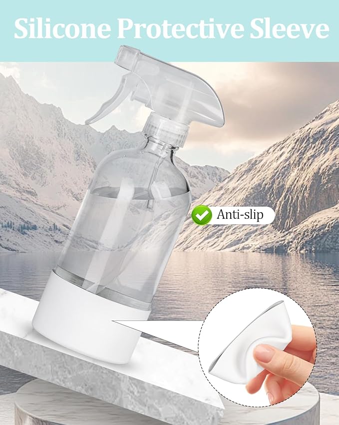 2 Pack 360° Glass Spray Bottles with Silicone Sleeve, 16 oz Empty Refillable Containers with Adjustable Spray Nozzles, Spray Bottles for Hair, Cleaning Solutions and Plants Black&White
