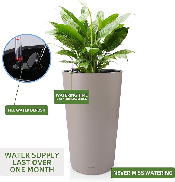 Dexceder 22x13 Tall Self Watering Planter High Cylinder Indoor Outdoor, Thickened Large Floor Standing Flower Plant Pot with Water Level Indicator (Taupe Matte)