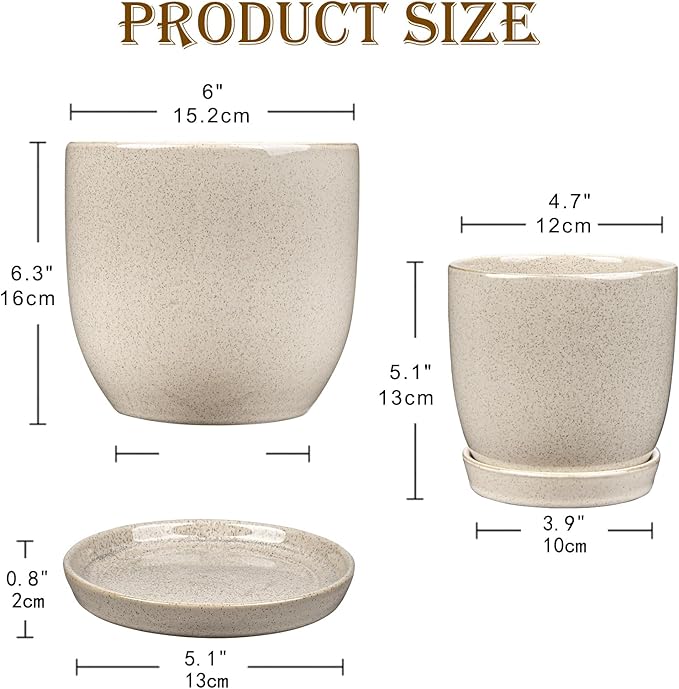 GnFlus Ceramic Plant Pots 6 Inch + 5 Inch Set of 2, Flower Plants Pot with Drainage Holes and Saucers Tray White Planter Garden Pot for Succulent Cactus Home Decoration Gift Indoor Outdoor