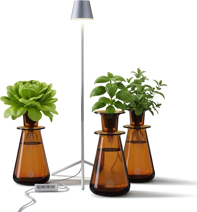 Lettuce Grow Counterstand Set with LED Grow Light – Indoor Hydroponic Herb Garden Kit, 3 Countertop Planters, Adjustable Light Settings, Space-Saving Indoor Growing System