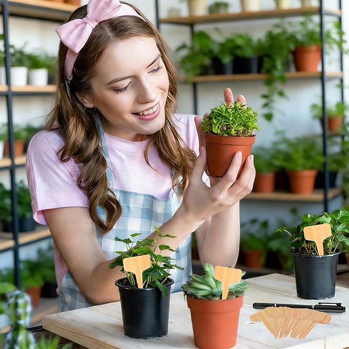 Wanateber 100 Pcs Plastic Plant Labels & Garden Markers with Marking Pen, Waterproof T-Type Plant Tags for Seed Starting, Herb Garden, Vegetable Gardening, Potted Plants & Outdoor Use