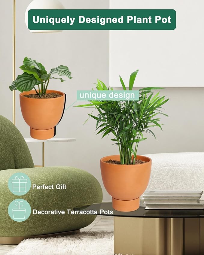 vensovo Terracotta Self Watering Plant Pot - 2 PCS 6 Inch & 8 Inch Terra Cotta Plant Pot with Drainage Hole and Saucer, Small & Large Clay Flower Pot with Tray, Planter for Indoor Outdoor