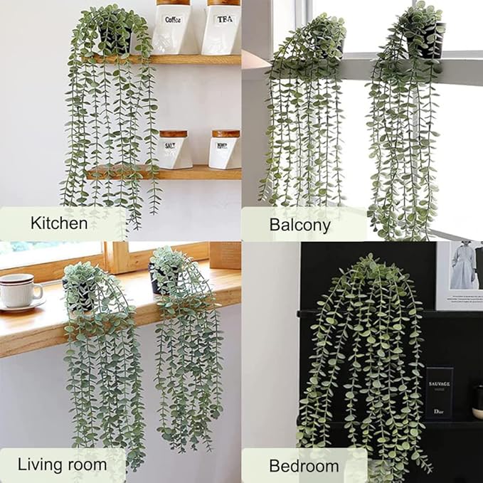 Artificial Hanging Plants, 2 Pack Fake With Pot, Eucalyptus, Indoor Faux Drooping, Potted for Office Desk Living Room Balcony