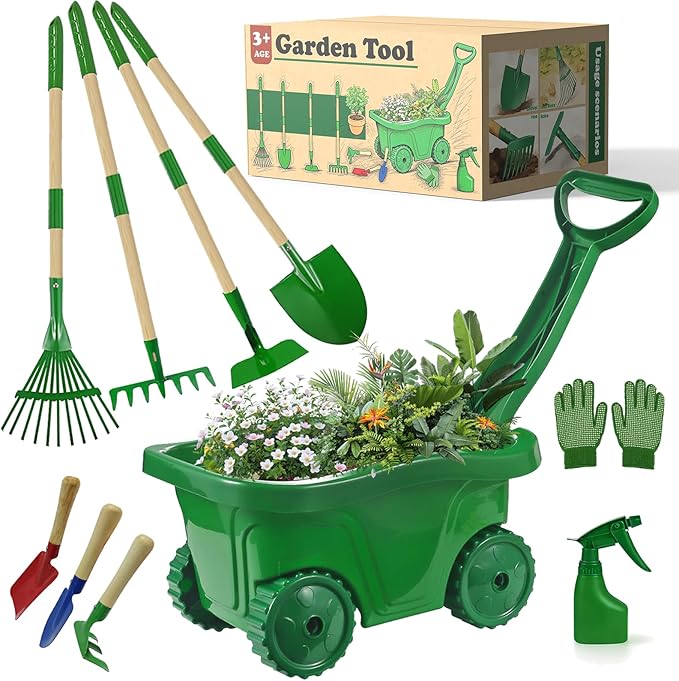 VICHTOP 10Pcs Kids Gardening Tools Set - Wheelbarrow Toys with Shovel, Rake, Hoe and Leaf Rake for Outdoor Backyard Play, STEM Educational Toys, for Toddler Boys & Girls Ages 3 4 5