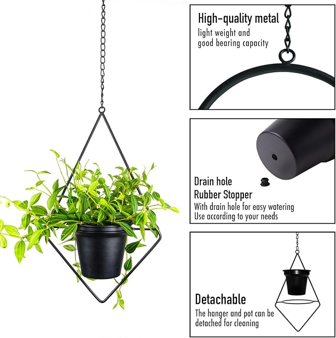 Modern Metal Hanging Planters Set of 2 - Geometric Diamond and Oval Plant Hangers with 5 inch Pots - Black Wall or Ceiling Mount Flower Holders for Indoor and Covered Outdoor Décor