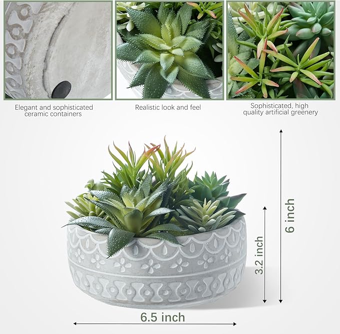 6inch Artificial Succulent Plants in Pots,Fake Succulents with Grey Textured Ceramic Pot for Home Office Desk Bathroom Coffee Table Decor