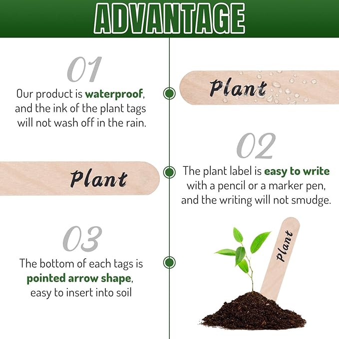 Whaline 200Pcs Wooden Plant Labels Waterproof Round Head Plant Sign Tags Birch Wood Garden Markers for Seed Potted Herbs Flowers Vegetables with 2 Gel Pen, 0.7 x 5.9 Inch