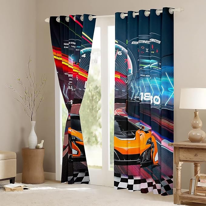 Feelyou Race Car Window Curtains Bedroom Living Room Boys Extreme Sports Curtains Kids Room Decor Boys Cool Car Window Drapes Sports Kids Bedroom Decor Treatments 52W X 90L，2 Panels