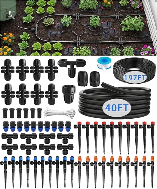 Fast-Lock Drip Irrigation System Kit for Garden Watering with 40 Adjustable Nozzles, Leak-Proof & Easy-Connect Irrigation Kit with 1/2" & 1/4" Tubing, for Greenhouse, Lawn, Indoor Pots (40FT + 197FT)