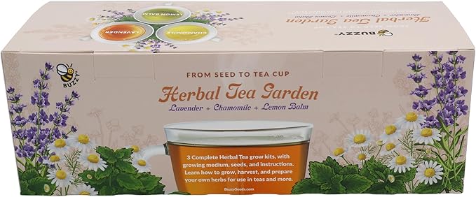 BUZZY Seeds Herbal Tea Garden Grow Kit – 3 Square Tin Planters with Lavender, Chamomile & Lemon Balm Seeds, Easy Indoor Herb Starter, Relaxing Gardening Gift Set