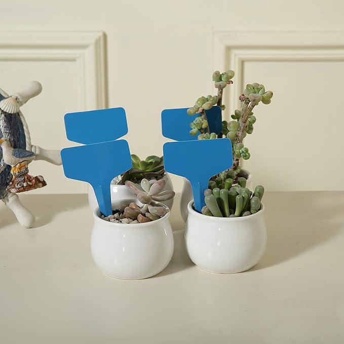 100 Pcs T-Type Plant Labels with a Gel Pen, Waterproof Nursery Plant Tags Plastic Garden Markers, Blue, 6 x 10cm