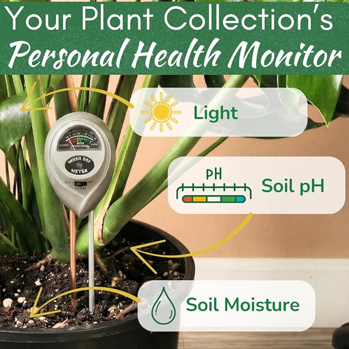 Houseplant Health Meter – 3-in-1 Tool to Prevent Overwatering, Root Rot & Leaf Burn | Test Soil Moisture, Sunlight & pH | Simple, Easy, Battery-Free | Suitable for Indoor, Outdoor & Potted Plants