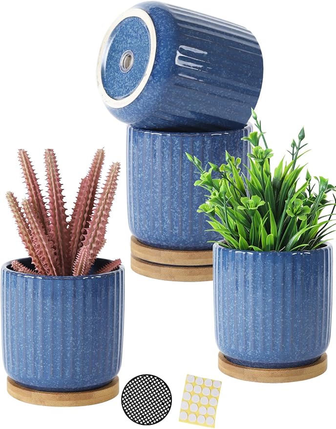 TAMAYKIM 4 Inch Cylinder Ceramic Plant Pots with Drainage Holes & Saucers, Glazed Small Boho Planters with Trays for Indoor Flower, Snake Plants, Succulent, Cactus, Blue, Set of 4