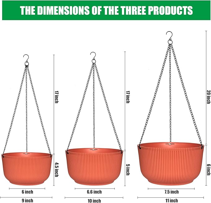 RooTrimmer Hanging Planters 9/10/11 Inch for Indoor Plants, 3 Pack Plant Hanger Outdoor with Drainage Holes, Self Watering Hanging Basket Flower Pot for Garden Home Decor, Light Coral