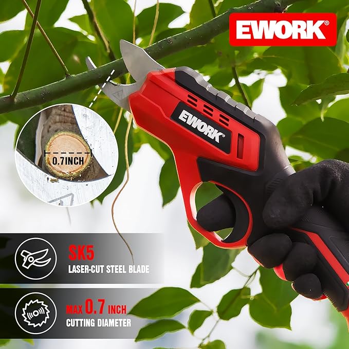 EWORK Cordless Electric Pruning Shears 4.2V Rechargeable 4000mAh Battery, 0.7 Inch Cutting Diameter, 2 SK5 Blades Tool-Free Replacement, Handheld Pruner for Garden Tree Branch Trimming