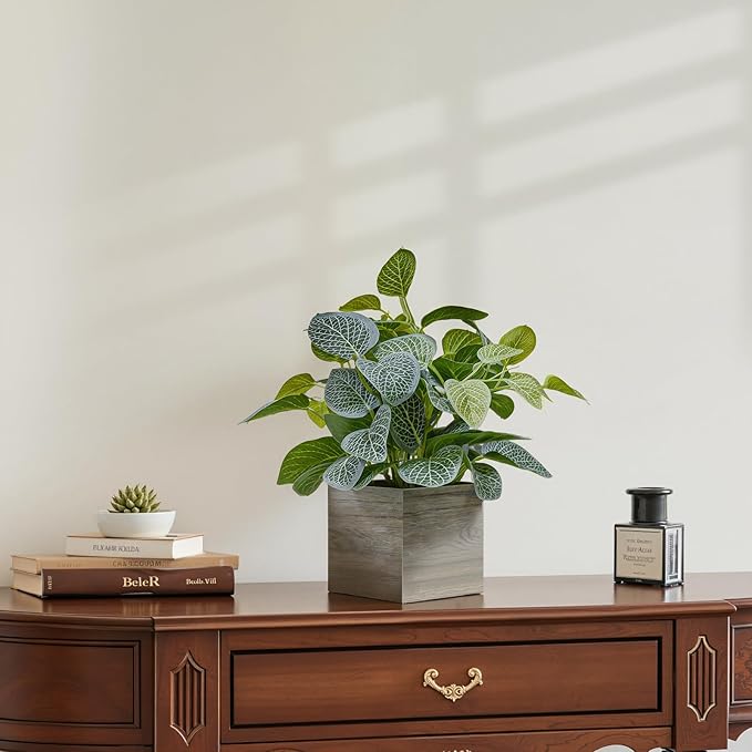 2 Pack 12" Medium Eucalyptus Fake Plants, Artificial Plants Indoor with 4 Inch Wooden Planters, Faux Potted Plants for Home Decor, Desk, Shelves, Desktop, Coffee Table, Bedroom