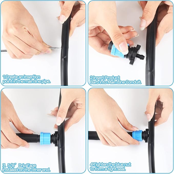 Frienda 50 Pcs Drip Irrigation Kit, 1/4" Barb for 5/8" Drip Tape, Twist Locks, Blue PP Plastic, Suitable for Gardens, Landscaping