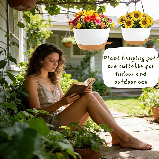 3 Pack Hanging Planters for Indoor Outdoor Plants, 10 Inch Self Watering Hanging Pots for Plants, Plastic Hanging Flower Baskets for Plants Hanger with Drainage and Tray, Chain (White Brown)