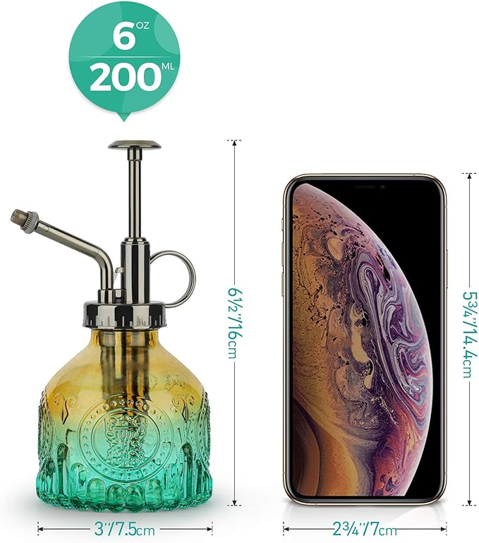 T4U Glass Plant Mister 200ML, Vintage Spray Bottle with Top Pump Fine Mist Garden Flower Sprayer Small Decorative Spritzer Watering Can Gift for Indoor Outdoor Succulent House Plant (Gradient Color)