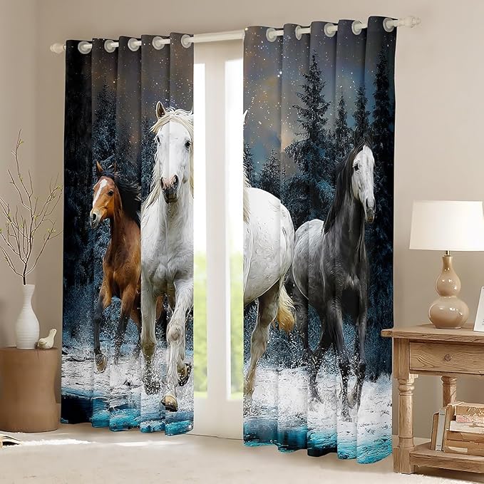 Feelyou Horse Curtains Galloping Horse Window Curtains Bedroom Living Room Kids Room Decor Boys Girls Wildlife Window Drapes Farm Animal Kids Bedroom Decor Window Treatments 42W X 90L，2 Panels