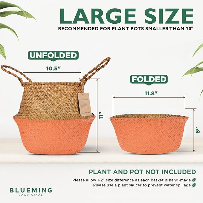 Blueming Large Wicker Planter Basket – 12 Inch Seagrass Plant Pot in Boho Orange for Olive Trees, Faux Plants, or Indoor Decor, Woven Baskets Basket for Living Room or Modern Home Styling