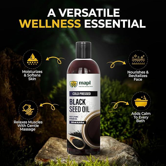 Mapl Organic Black Seed Oil Cold-Pressed from Nigella Sativa – Pure Unrefined Black Cumin Seed Oil Non-GMO & Vegan, Rich in Omega 3 6 9 for Hair Growth, Skin Care & Immune Support – 6.76 Fl Oz (200ml)