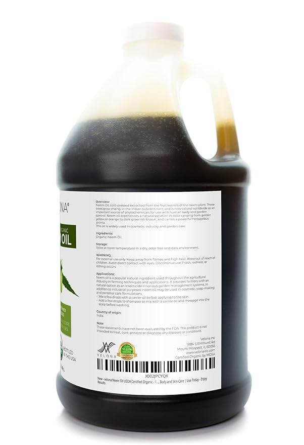 velona Neem Oil USDA Certified Organic - 1 Gallon / 128 Fl Oz | 100% Pure and Natural Carrier Oil | Virgin, Unrefined, Cold Pressed | Hair, Body and Skin Care | Use Today - Enjoy Results