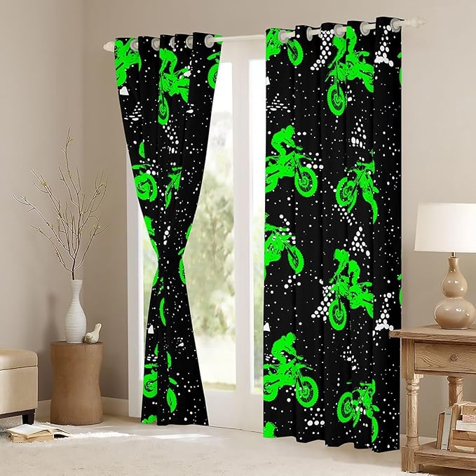 Feelyou Boys Dirt Bike Window Curtains Bedroom Living Room Cool Sports Curtains Kids Room Decor Boys Motocross Rider Window Drapes Fluorescent Green Bike Window Treatments 42W X 84L，2 Panels