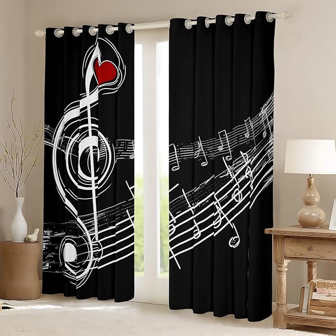 Feelyou Kids Room Decor Music Note Curtains Music Pattern Window Curtains Bedroom Living Room Kids Decor Boys Girls Themed Window Drapes Durable Treatments Black 42W X 63L,2 Panels