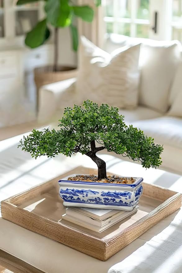 Artificial Bonsai Tree with Blue and White Porcelain Pot, Fake Pine Bonsai for Home Office Desk Decor, Oriental Zen Tabletop Decoration, Faux Bonsai Plant for Living Room, Shelf & Gift