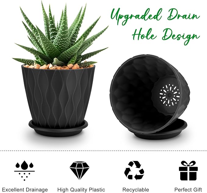 YNNICO 4 inch Plant Pots, 5 Pack Flower Pots Outdoor Indoor, Planters with Drainage Holes and Tray Saucers(Black)
